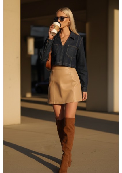 Kadın V Yaka Lacivert Kot Denim Uzun Kollu Crop Jean Bluz - Kadın Bluz