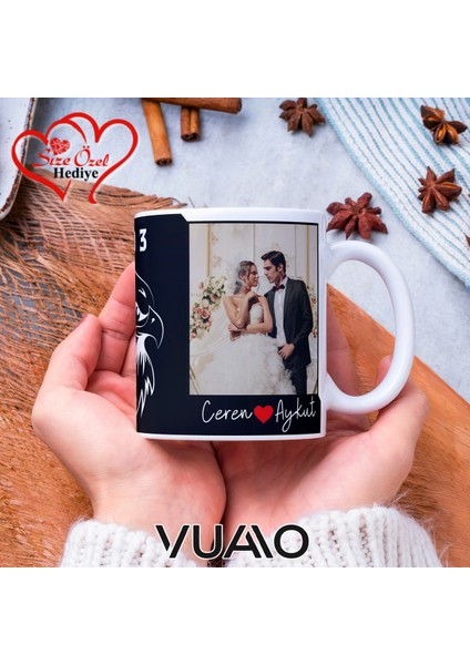 Siyah Beyaz 1903 Kartal Desenli Kişiye Özel Isim ve Fotoğraf Baskılı Hediyelik Kupa Bardak - T6