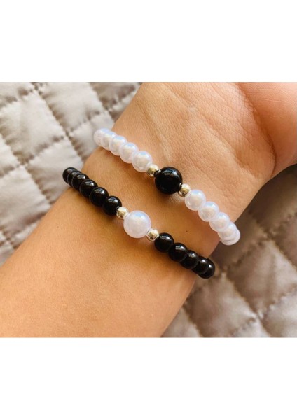 2'li Siyah Beyaz Incili Model Kadın Zarif Bileklik Seti