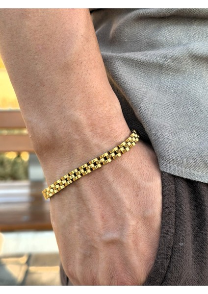 Erkek Blok Zincir Çelik Bileklik / Altın Renk