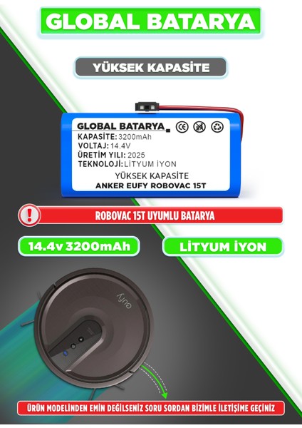 Anker Eufy Robovac 15T Uyumlu Akıllı Robot Süpürge Bataryası 14.4V 3200mAh Pil Li-ion (Yüksek Kapasite)