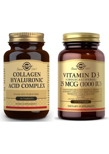 Hyaluronic Acid Collagen Complex 120 Mg 30 Tablet+Solgar Vitamin D3 1000 Iu 100 Kapsül