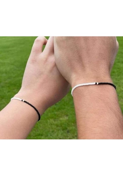 2'li Siyah Beyaz Inci Boncuklu Sevgili/çift Bilekliği Seti