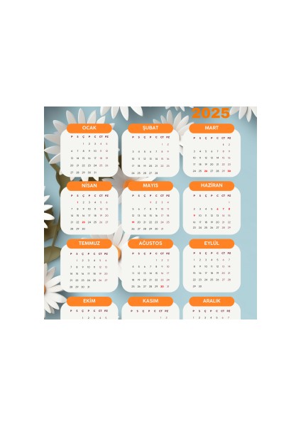 2025 Takvimi Kişiye Özel Papatya Çiçeği Mavi Detaylı Tasarım
