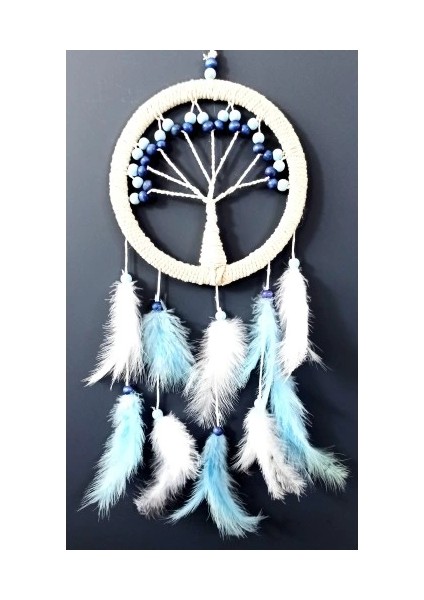 Mavi Beyaz Kuş Tüylü Hayat Ağacı Düş Kapanı Duvar Süsü