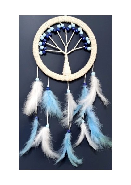 Mavi Beyaz Kuş Tüylü Hayat Ağacı Düş Kapanı Duvar Süsü modelleri