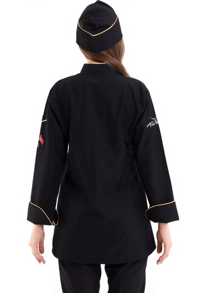 Kadın Aşçı Ceket 01 - Siyah-Sarı Biye fırsatları
