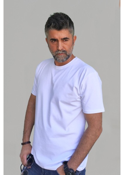 Erkek Beyaz Slim Fit Bisiklet Yaka Pamuk Elastan Basic Tişört