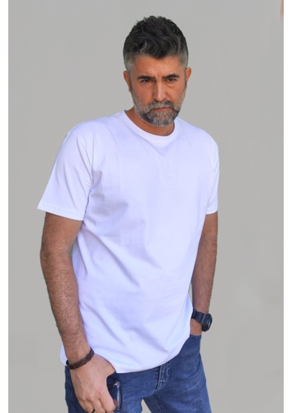 Erkek Beyaz Slim Fit Bisiklet Yaka Pamuk Elastan Basic Tişört modelleri