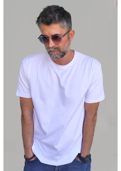 Erkek Beyaz Slim Fit Bisiklet Yaka Pamuk Elastan Basic Tişört fırsatları