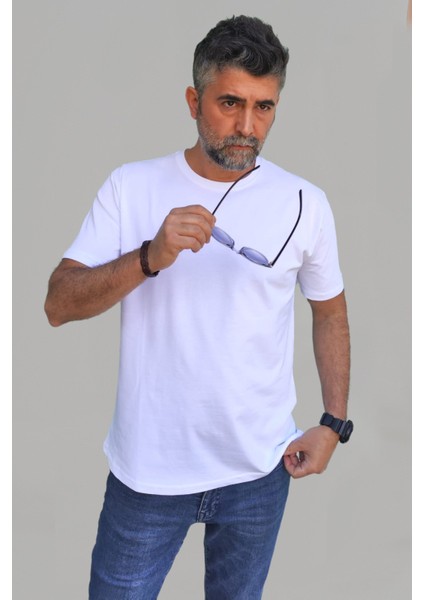 Erkek Beyaz Slim Fit Bisiklet Yaka Pamuk Elastan Basic Tişört indirimleri