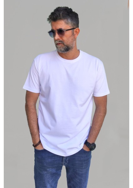 Erkek Beyaz Slim Fit Bisiklet Yaka Pamuk Elastan Basic Tişört