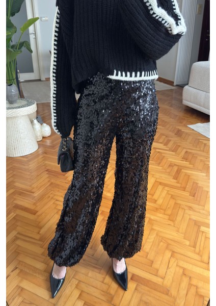 Pul Payetli Jogger Pantolon- Siyah