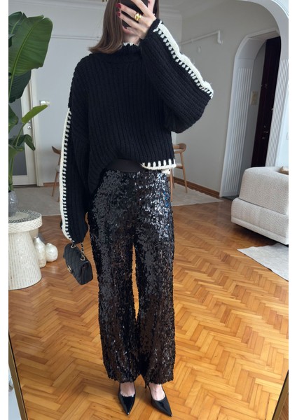 Pul Payetli Jogger Pantolon- Siyah modelleri