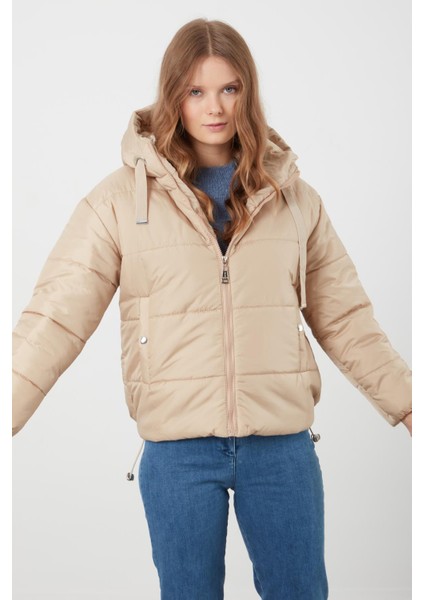 Kadın Bej Kapüşonlu Anorak Yanları Stoplu Mont