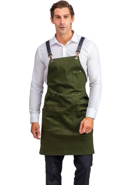 Barista Askılı Önlük Kanguru Cepli Deri Kemerli - Yeşil