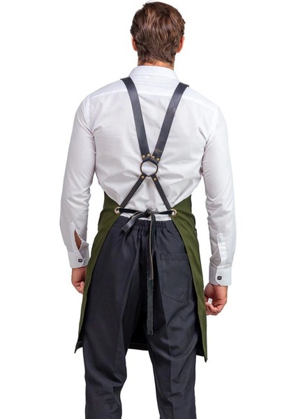 Barista Askılı Önlük Kanguru Cepli Deri Kemerli - Yeşil fiyatları