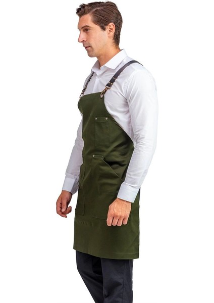 Barista Askılı Önlük Kanguru Cepli Deri Kemerli - Yeşil modelleri