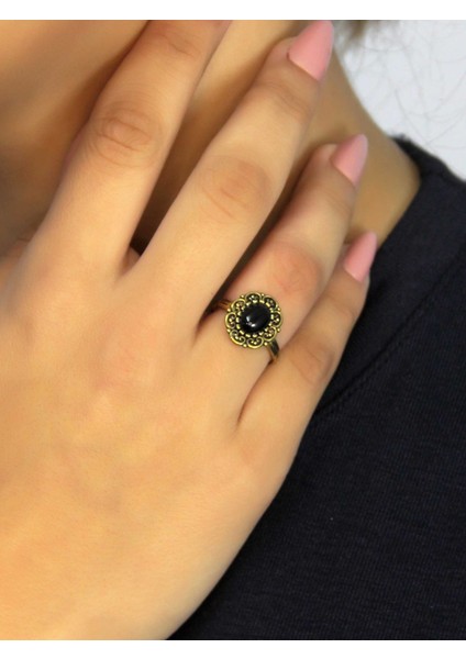 Doğal Taş Oniks Doğal Taşlı Antik Model Kadın Ayarlanabillir Yüzük EUY77O