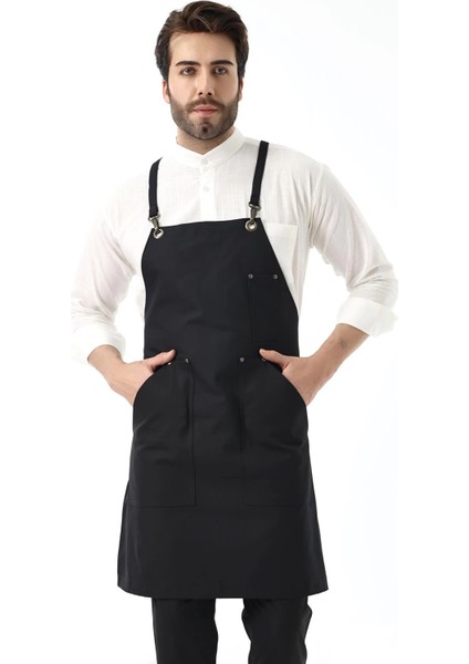 Barista Askılı Önlük Kanguru Cepli - Siyah