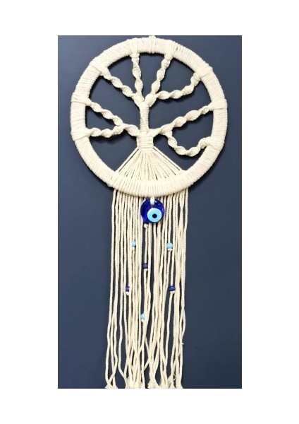 Nazar Boncuklu Ekru Renk Makrome Hayat Ağacı Duvar Süsü