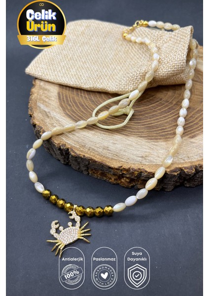 Paslanmaz Çelik Zincirli Zirkon Taşlı Yengeç Uçlu Doğal Sedef Taşı ve Hematit Detaylı Tasarım Kolye