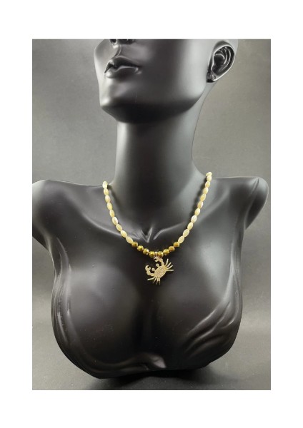 Paslanmaz Çelik Zincirli Zirkon Taşlı Yengeç Uçlu Doğal Sedef Taşı ve Hematit Detaylı Tasarım Kolye modelleri