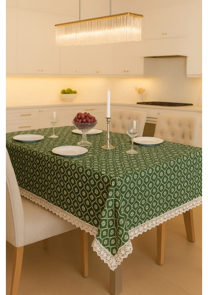 Klasik ve Zarif Yeşil Sofra Masa Örtüsü Lüks Dantelli Kenar Detaylı Modern Şık ve Kaliteli Kumaş modelleri