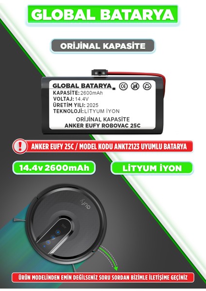 Anker Eufy Robovac 25C Uyumlu Akıllı Robot Süpürge Bataryası Uyumlu 14.4v 2600mAh Pil Li-ion (Orijinal Kapasite)