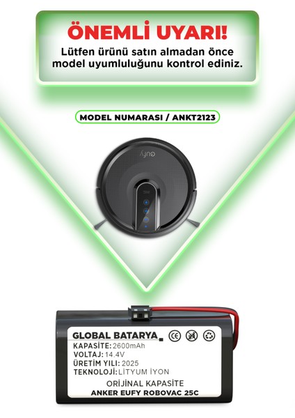 Anker Eufy Robovac 25C Uyumlu Akıllı Robot Süpürge Bataryası Uyumlu 14.4v 2600mAh Pil Li-ion (Orijinal Kapasite) indirimleri