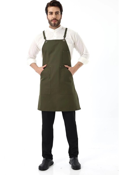 Barista Askılı Önlük Kanguru Cepli - Yeşil