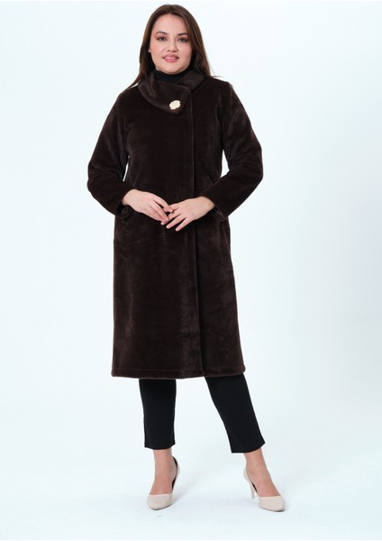 Aysefa Kadın Büyük Beden Fok Kumaş Astarlı Şal Yaka Kaban