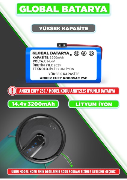 Anker Eufy Robovac 25C Uyumlu Batarya 14.4v 3200mAh Li-ion Pil (Yüksek Kapasite)