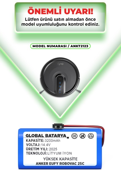 Anker Eufy Robovac 25C Uyumlu Batarya 14.4v 3200mAh Li-ion Pil (Yüksek Kapasite) indirimleri
