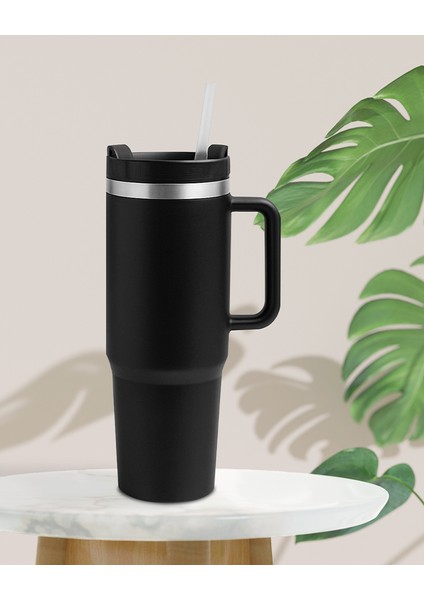 Siyah Paslanmaz Çelik Termos Pipetli 1200ML