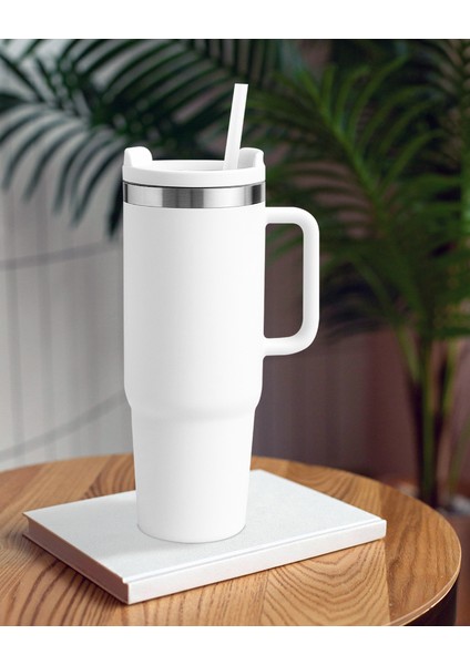 Beyaz Paslanmaz Çelik Termos Pipetli 1200ML