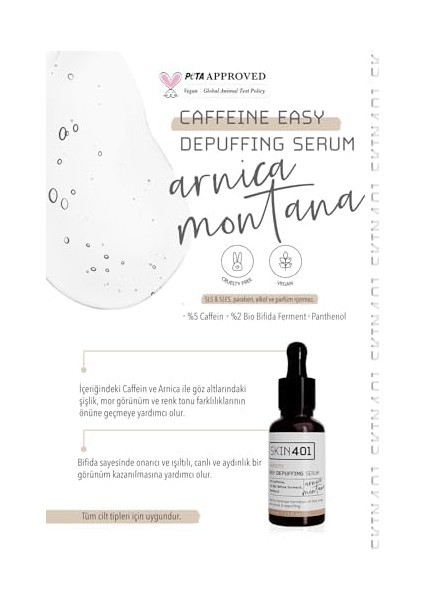 SKIN401%5 Kafein Göz Altı Şişlik ve Torbalanma Önlemeye Yardımcı Serum 30 ml