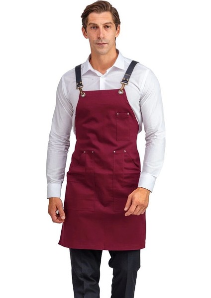 Barista Askılı Önlük Kanguru Cepli Deri Kemerli - Bordo