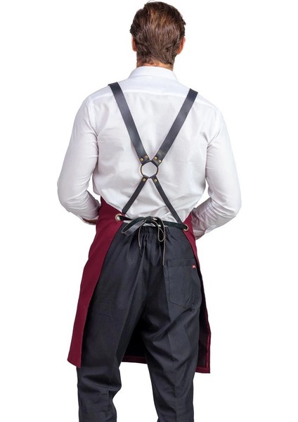 Barista Askılı Önlük Kanguru Cepli Deri Kemerli - Bordo fiyatları