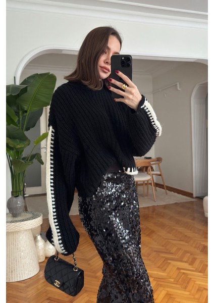 Renk Geçişli Bisiklet Yaka Triko Kazak- Siyah