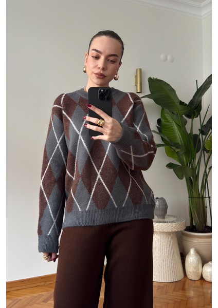 Baklava Desenli Triko Kazak- Antrasit