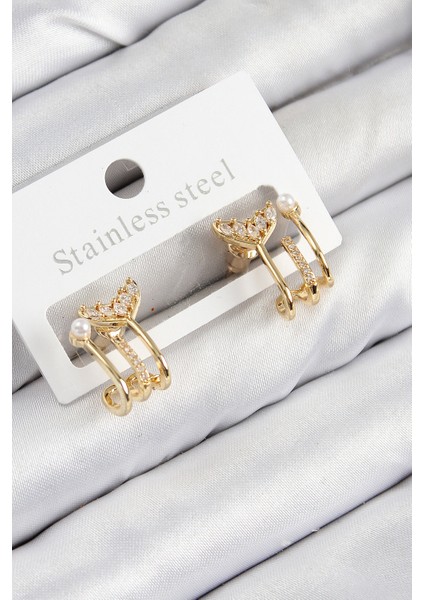 Pirinç Zirkon Taşlı Inci Detaylı Balık Kuyruğu Model Gold Renk Kadın Küpe - TJ-BKP11093 fiyatları