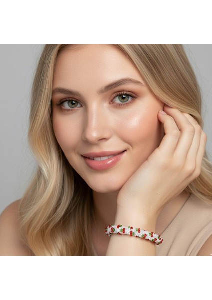 Kiraz El Işçiliği Kadın Bileklik Blks1 Beyaz Renk 19CM Takı