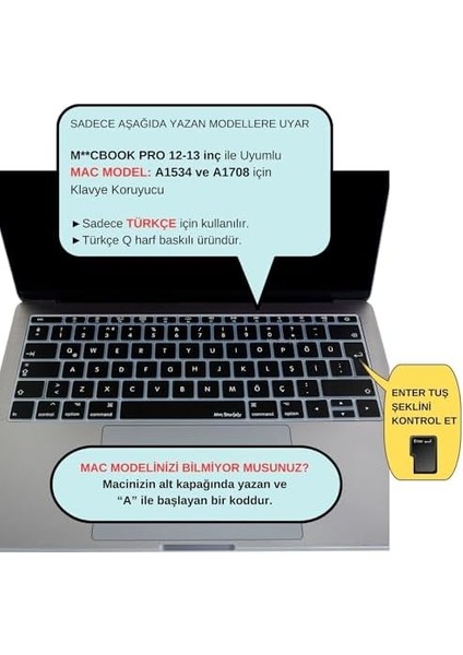 MacBook Klavye Koruyucu Türkçe Q Baskılı Uk-Ters L- Enter Tipi Pro 13INÇ A1708, MacBook A1534 12INÇ Uyumlu, Ultra Ince Hafif Yıkanabilir Klavye Filmi Siyah fiyatları