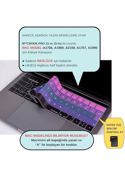 MacBook Klavye Koruyucu Kılıf Klavye Filmi Avrupa Ingilizce Baskılı Uk-Ters L Enter Tipi Touchbar Pro 13-15 Inç A1706,A1989,A2159,A1707,A1990 Uyumlu,ince Yıkanabilir Silikon Pembe Mavi fiyatları