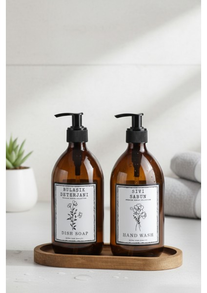 Premium Amber Cam Sıvı Sabunluk & Bulaşık Deterjanı Seti (2'li) - Ahşap Stantlı