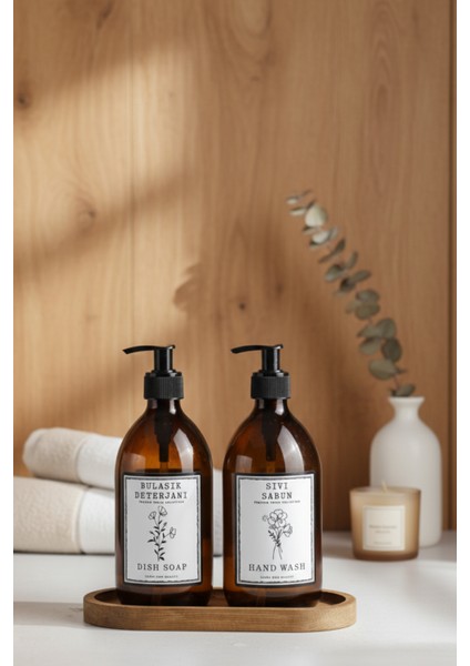 Premium Amber Cam Sıvı Sabunluk & Bulaşık Deterjanı Seti (2'li) - Ahşap Stantlı fiyatları