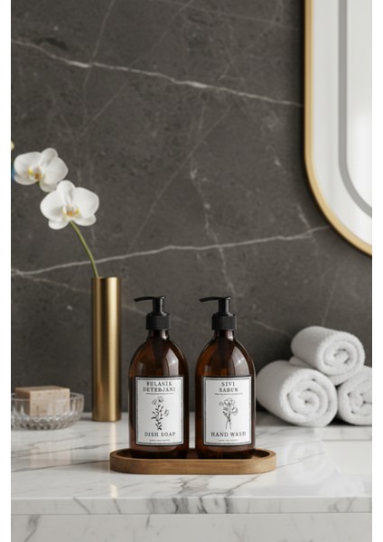 Premium Amber Cam Sıvı Sabunluk & Bulaşık Deterjanı Seti (2'li) - Ahşap Stantlı modelleri