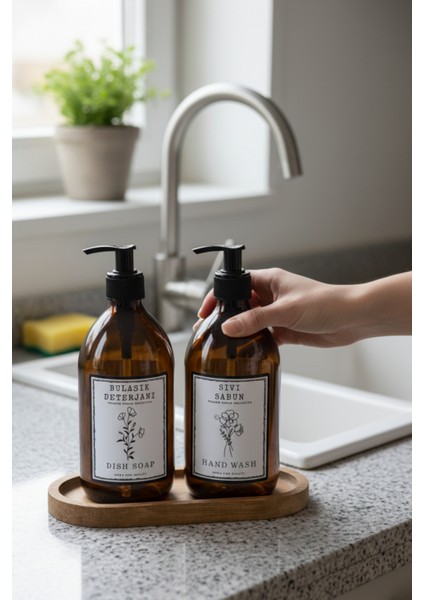Premium Amber Cam Sıvı Sabunluk & Bulaşık Deterjanı Seti (2'li) - Ahşap Stantlı fırsatları