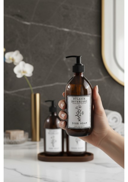 Premium Amber Cam Sıvı Sabunluk & Bulaşık Deterjanı Seti (2'li) - Ahşap Stantlı indirimleri